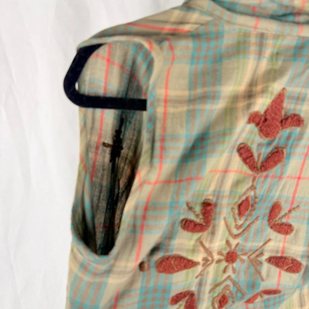 Kyla Seo Embroidered‎ Plaid Lagenlook Vest Small Green Brown Boho Fairygrunge